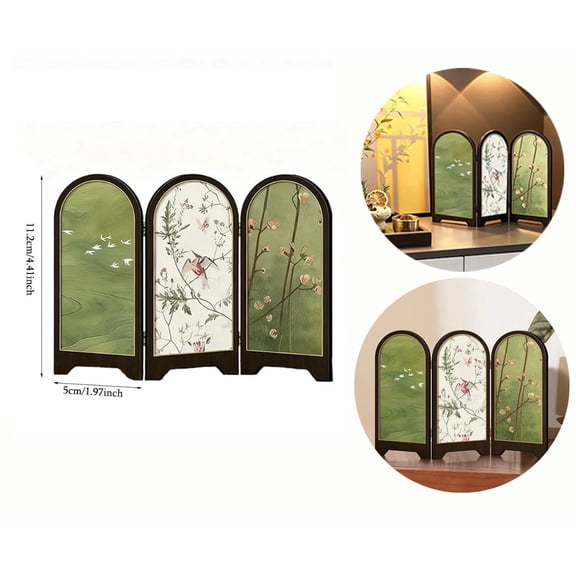 Arched 3-Panel Tabletop Folding ScreenChinese Style Bird Flower Swallow Print Desktop Divider, Black Framed Mini Room Partition for Home Office Desk, Zen Decor Gift