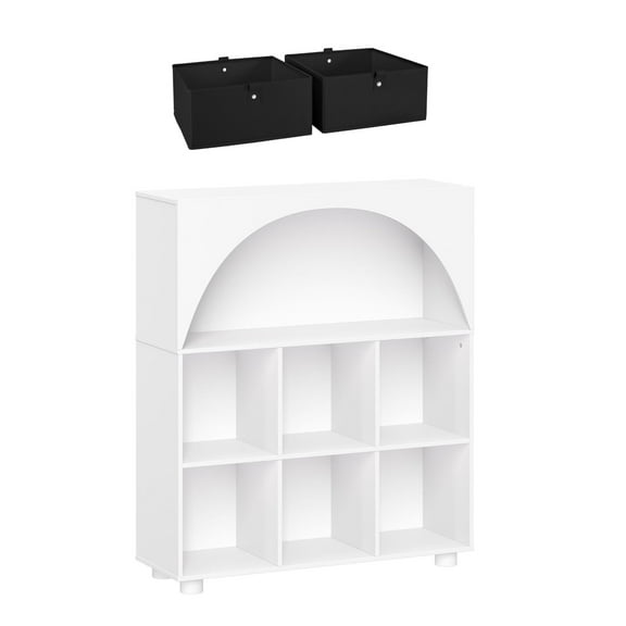 RiverRidge Arched 35in 6-Cubby Entryway Bookshelf and Storage Organizer with 2 Black Bins