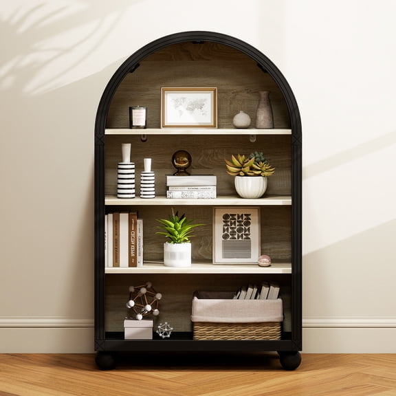 Arched 4-Tier Storage Cabinet with Carved Edges, MDF Bookcase with Black Metal Frame & Hand-Painted Finish, Freestanding Display Shelf for Living Room, Study, or Office (70.5×30×116 cm)