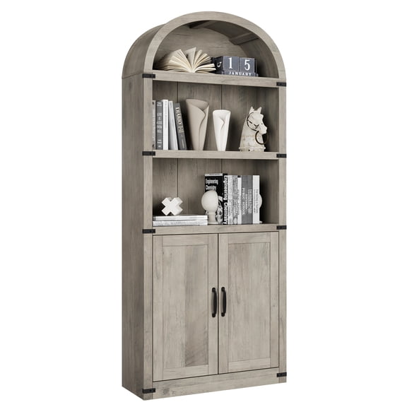 Arched 5-Tier Bookshelf with Doors, 71.65in Modern Farmhouse Freestanding Wooden Bookcase, Grey Storage Display Shelf