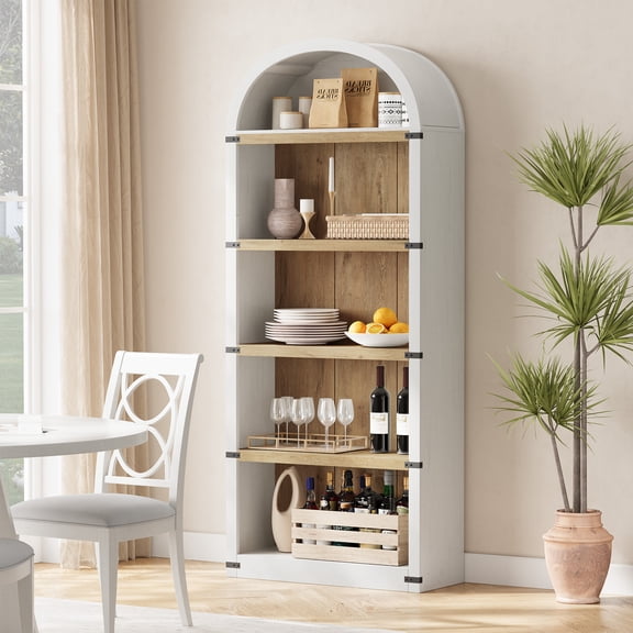 Arched 5-Tier Farmhouse Bookcase with Wood Backboard, 71.65in Modern Wooden Bookshelf, Antique White Display Shelf