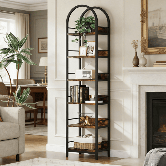 Arched 6 Tier Corner Bookcase Space Saving Narrow Design Wood Grain Finish Shelf Set Metal Frame Freestanding Display Unit for Small Apartments Living Room Bedroom Home Office Plant Stand