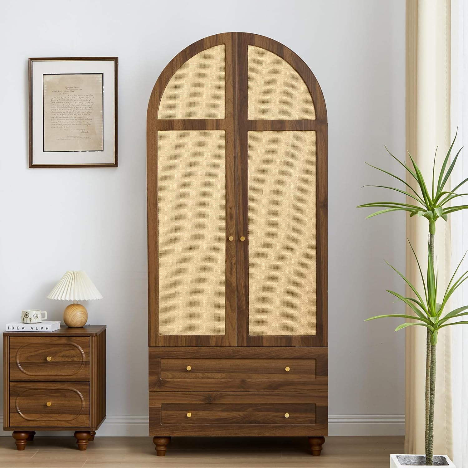 Arched Armoire Wardrobe Closet with 2 Rattan Doors, Wooden Wardrobe ...