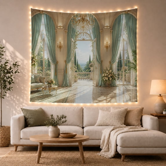 Arched Balcony Doors with Teal Curtains and Garden View, Romantic Vintage for Flower Lovers, Palace Wall Decor, Housewarming Gift, Tapestry Wall Hanging for Bedroom and Living Room