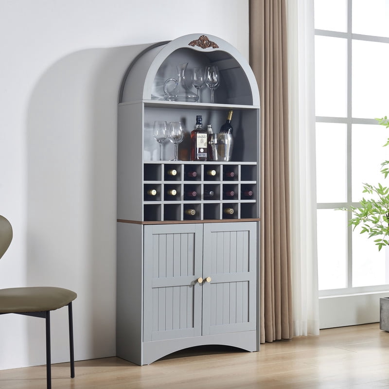 Arched Bar Wine Storage Liquor Cabinet with Removable Wine Grid, Freestanding Bookcase with Adjustable Shelves