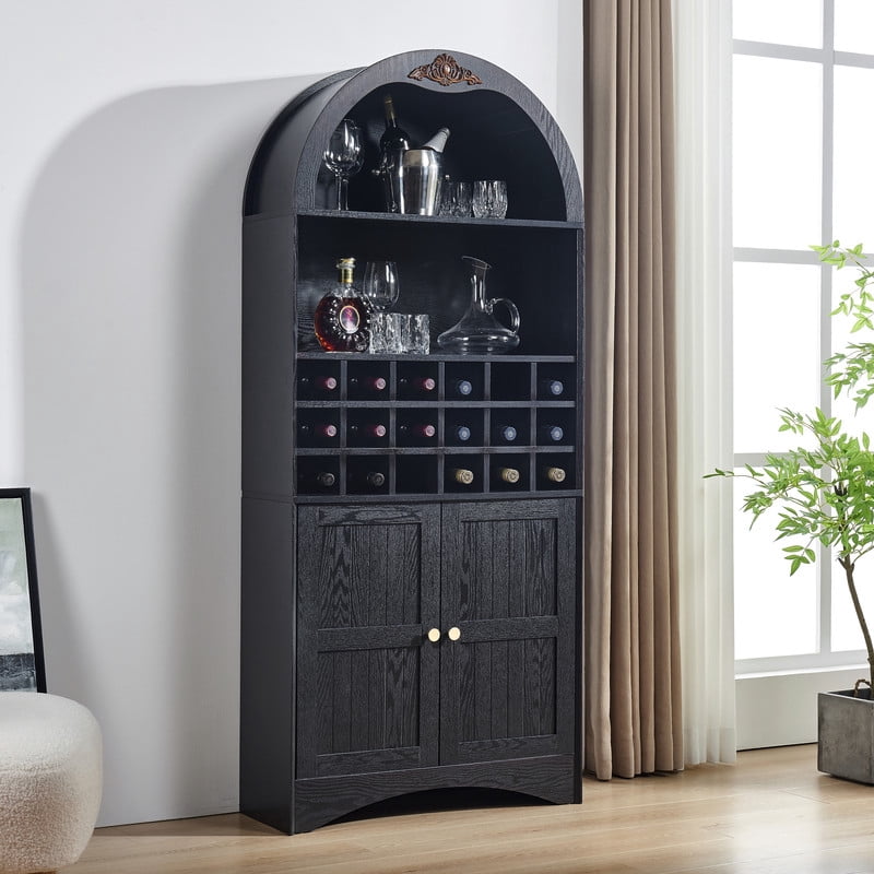 Arched Bar Wine Storage Liquor Cabinet with Removable Wine Grid, Freestanding Bookcase with Adjustable Shelves
