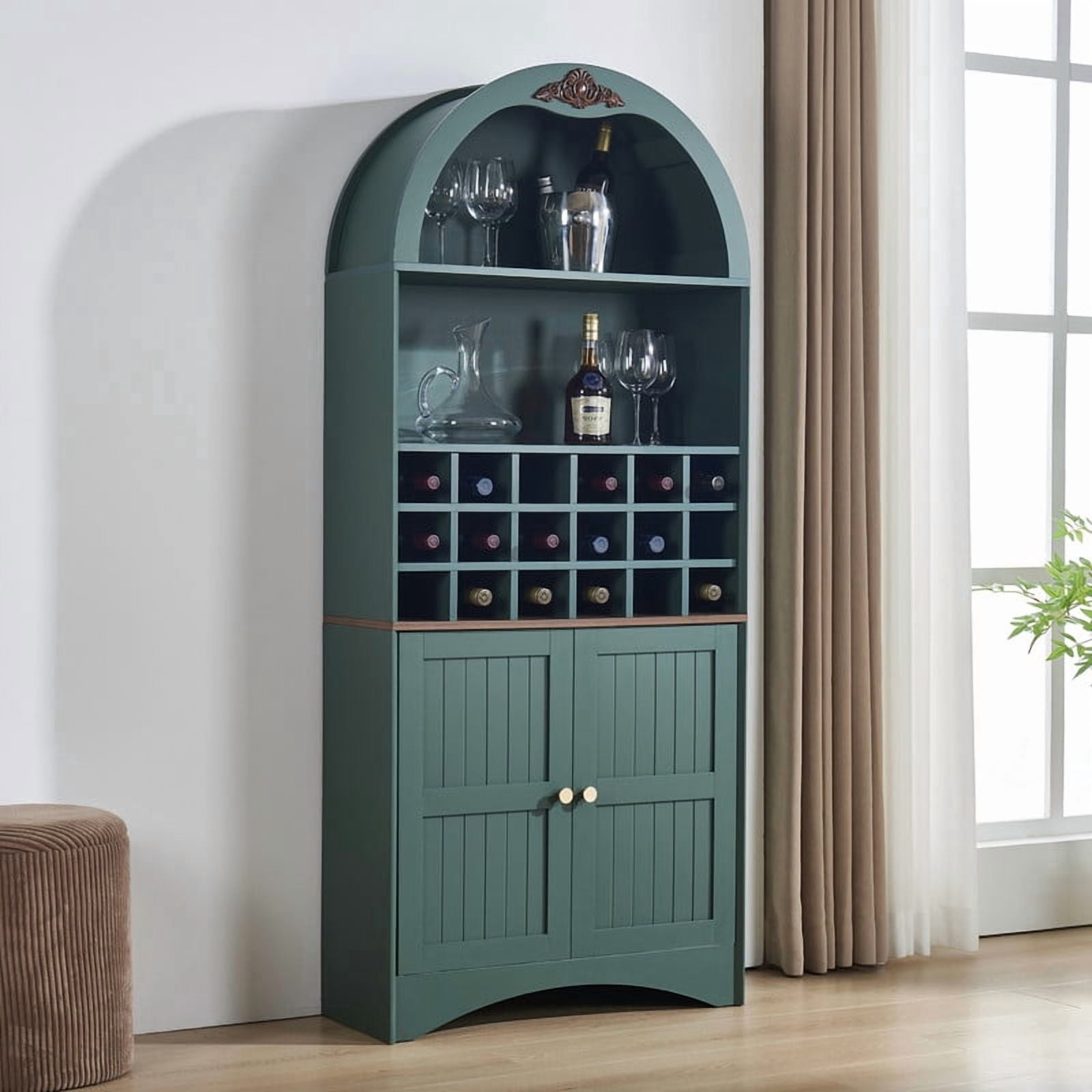 Arched Bar Wine Storage Liquor Cabinet with Removable Wine Grid, Freestanding Bookcase with Adjustable Shelves