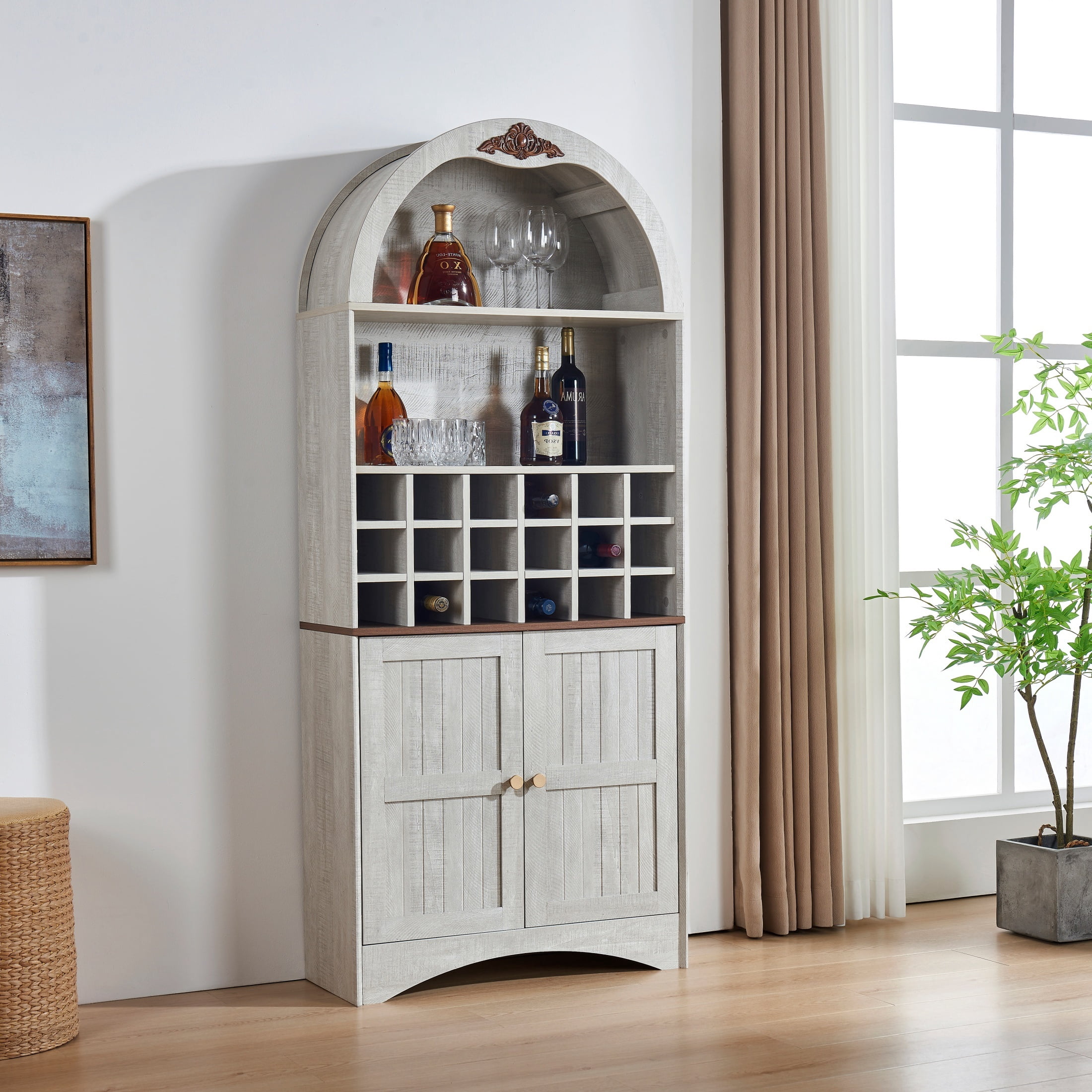 Arched Bar Wine Storage Liquor Cabinet with Removable Wine Grid, Freestanding Bookcase with Adjustable Shelves