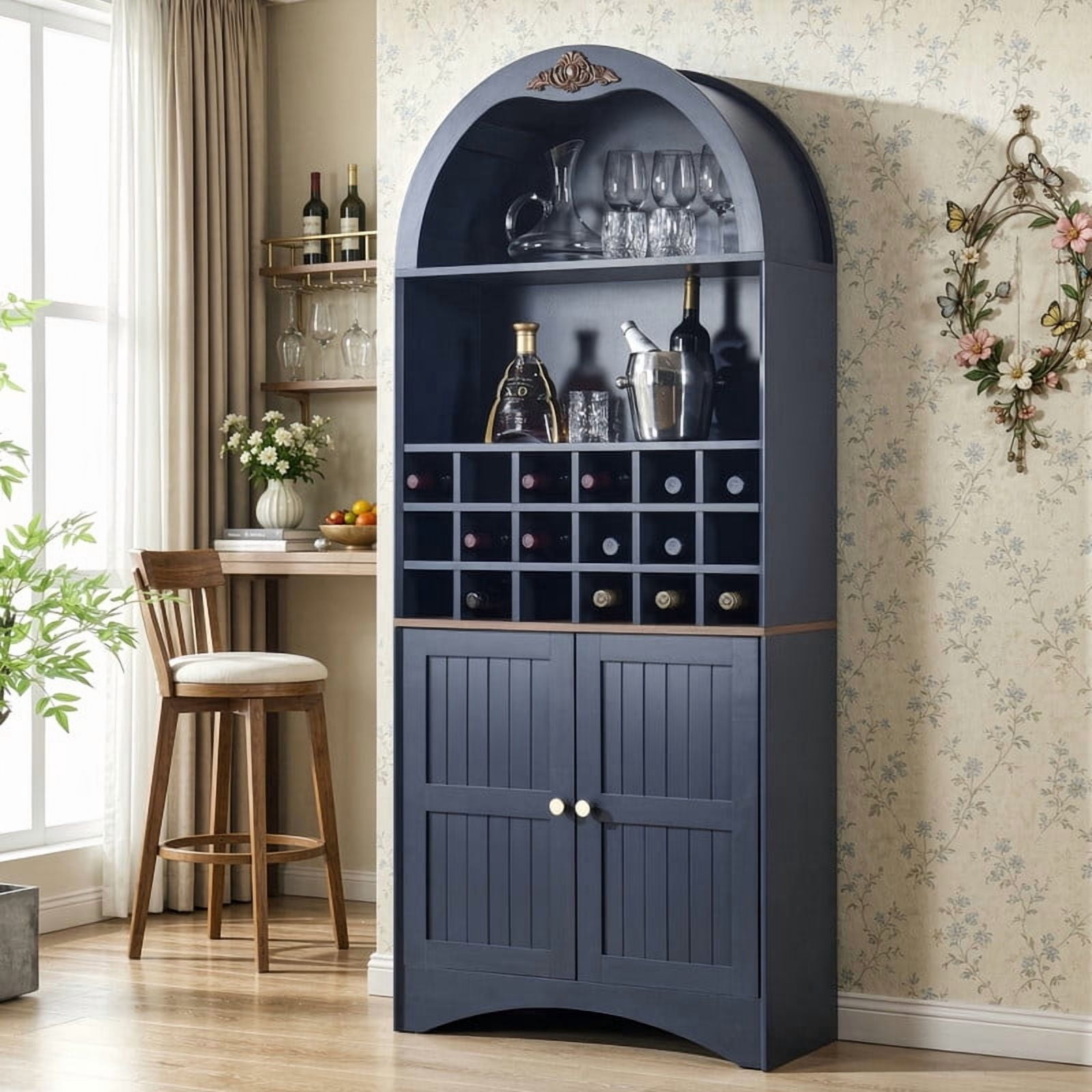 Arched Bar Wine Storage Liquor Cabinet with Removable Wine Grid, Freestanding Bookcase with Adjustable Shelves