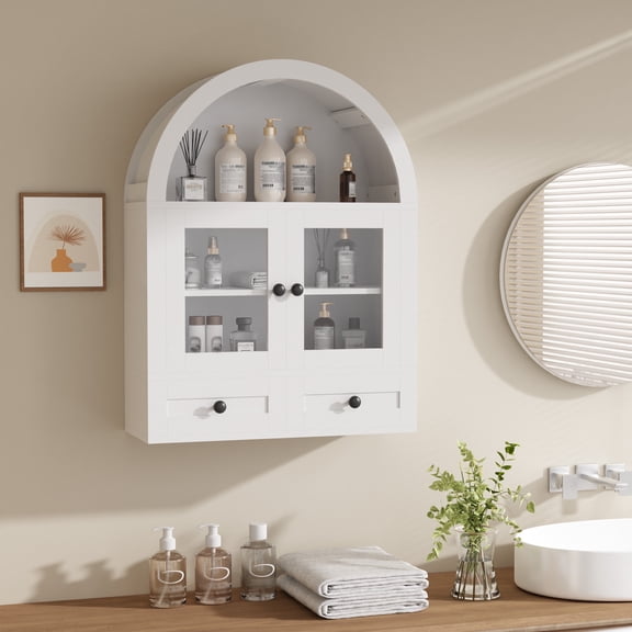 Arched Bathroom Wall Cabinet with 2 Drawers & Glass Doors, Curved Wall Mounted Medicine Cabinet with Adjustable Shelf, Over-The-Toilet Storage Cabinet for Bathroom Organizer & Space Saving (White)