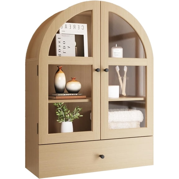 Arched Bathroom Wall Cabinet with Drawer,Over The Toilet Storage Cabinet, Medicine Cabinet with Glass Door for Living Room, Kitchen(Natural Wood Color)
