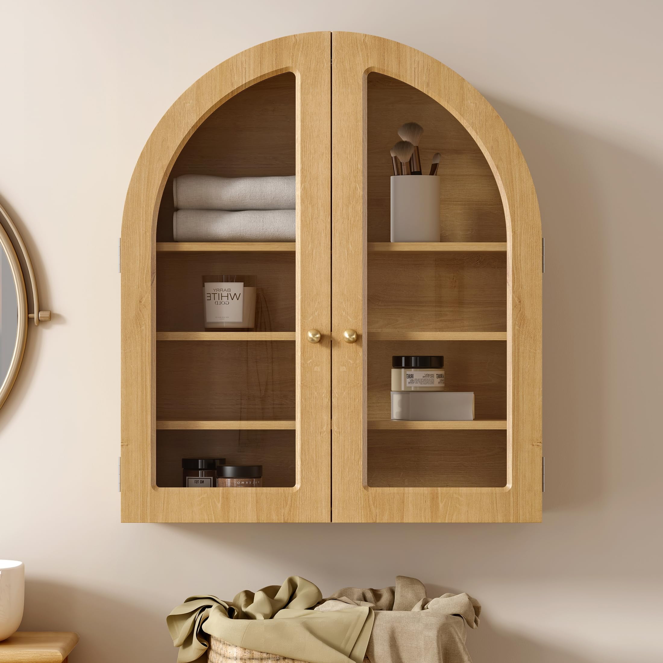 Arched Bathroom Wall Cabinet Modern Wooden Display Cabinet with Acrylic ...
