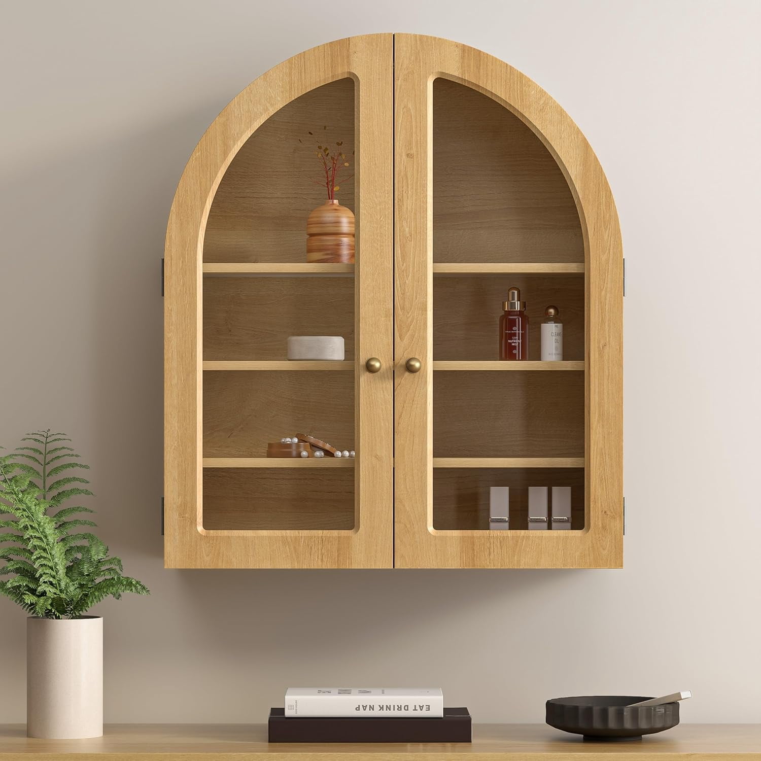 Arched Bathroom Wall Cabinet Modern Wooden Display Cabinet with Acrylic ...
