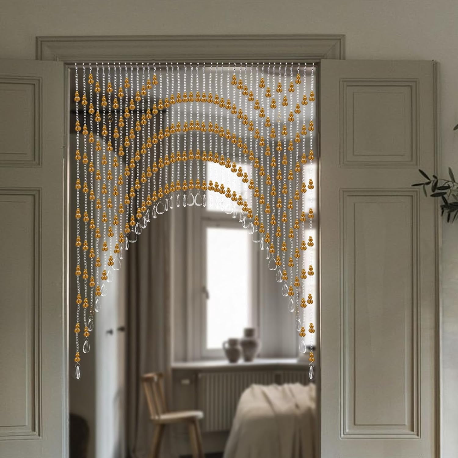 Arched Beaded Curtains, Hanging Glass Door Beads,Clear Crystal Room Partition Curtain Door Frame Beads Valance Self-Adhesive for Doorways Crystals Stran Arched Windows (Amber)