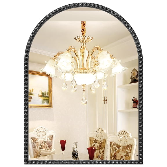 Arched Beaded Wall Mirror With Black Metal Frame 24x36 Inches