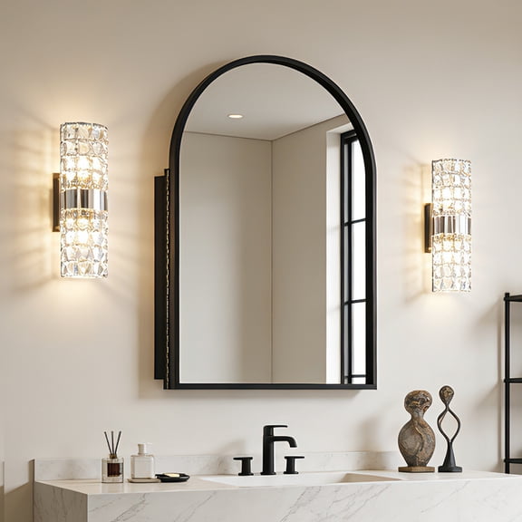 Arched Black Medicine Cabinet with Mirror, 30"x20" Metal Framed Bathroom Mirror Medicine Cabinet Recessed or Surface Wall-Mounted, Modern Bathroom Vanity Mirror with Storage, 2 Removable Shelves