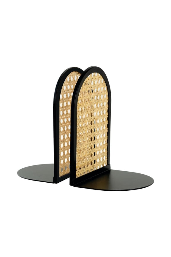 Arched Black Metal and Natural Rattan Indoor Tabletop Bookends