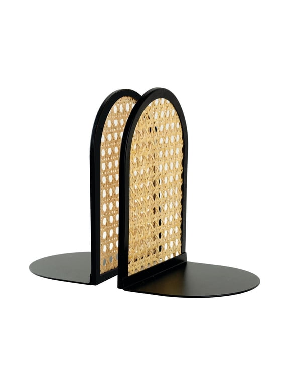 Arched Black Metal and Natural Rattan Indoor Tabletop Bookends