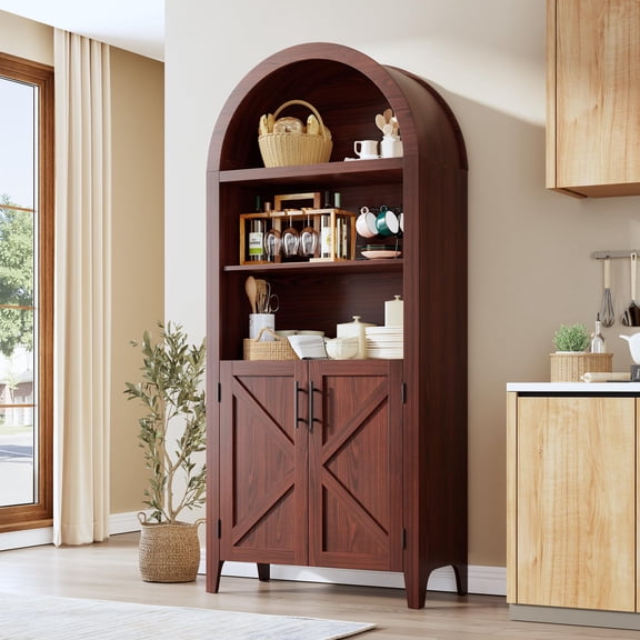 Arched Bookcase 5 Tier with Doors Freestanding Wooden Storage Cabinet Adjustable Shelves for Home Office Living Room Kitchen Dining Room Library Entryway Walnut