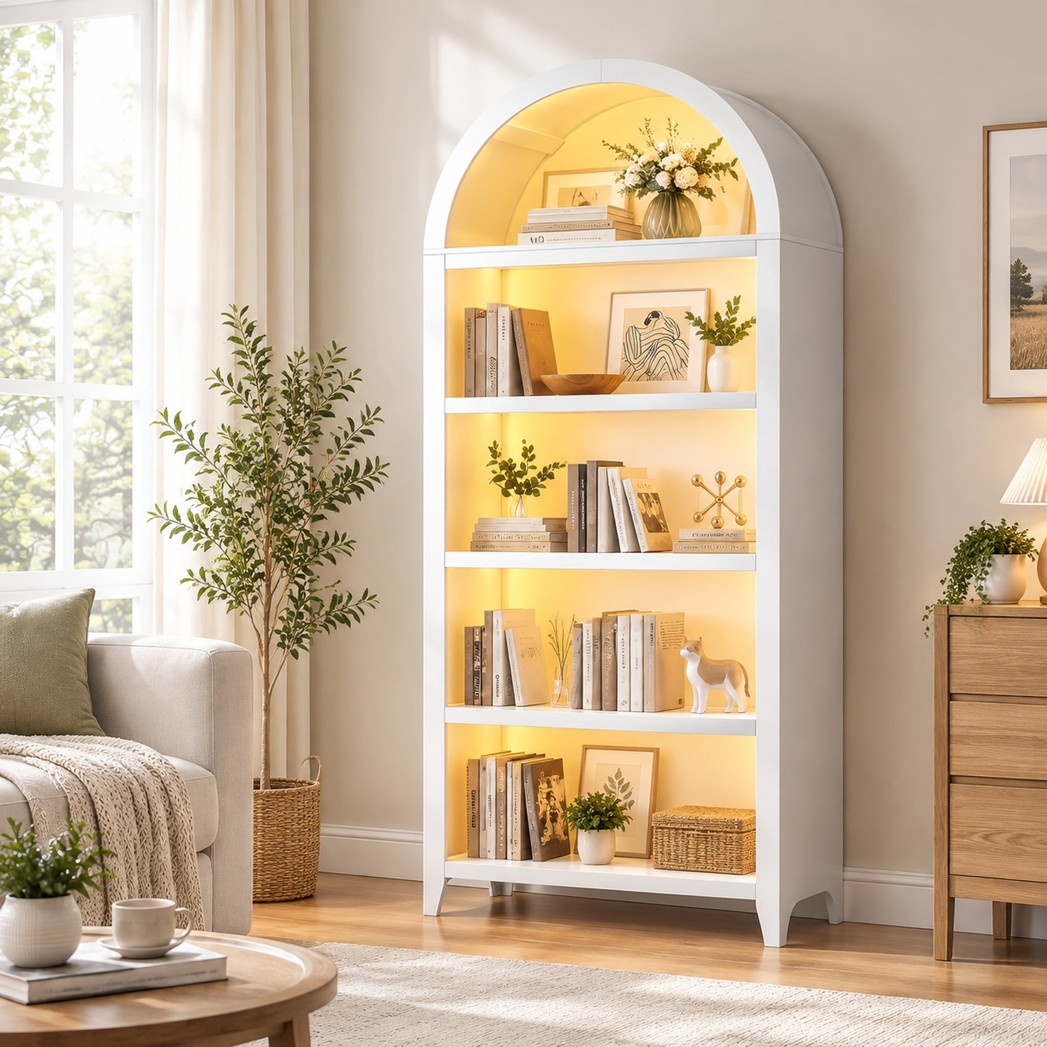 Arched Bookcase, 5-Tier Wood Bookshelf with LED Lights, Storage ...