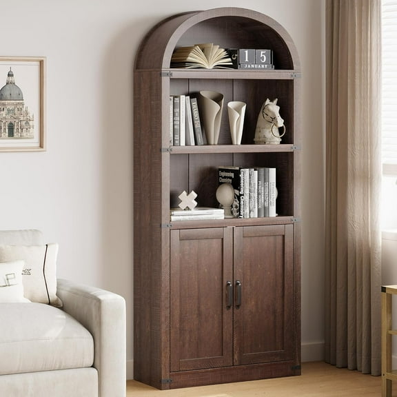 Arched Bookcase with Doors, 5-Shelf Tall Farmhouse Wooden Bookshelf with Metal Corner Protection, Display Storage Rack for Home Office, Living Room, Bedroom