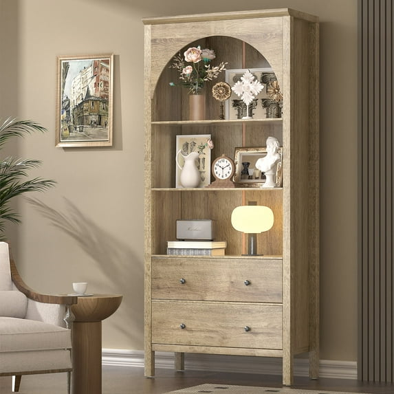 Arched Bookcase, Oak Arched Cabinet with Drawers, 71" Tall China Curio Cabinet, Display Cases for Collectibles, Vintage Bookshelf for Ding Room, Bedroom, Living Room