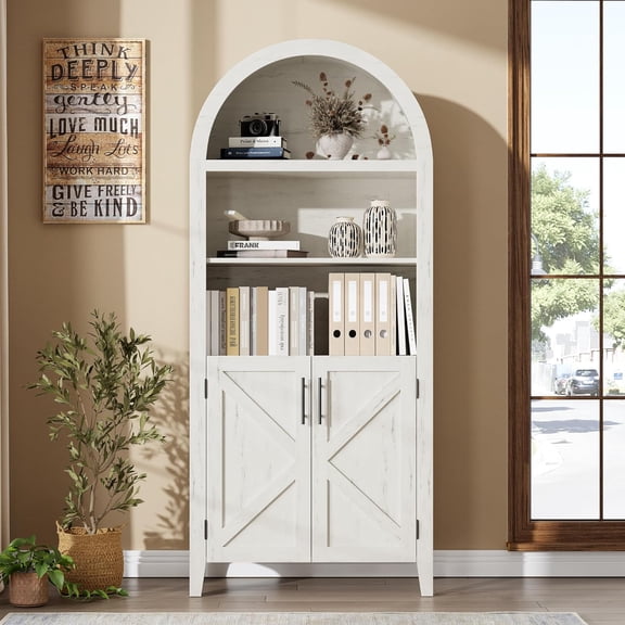 Arched Bookcase with Doors 5 Tier Open Display Shelf, Modern Bookshelf Storage Cabinet for Home Office Living Room Library, White