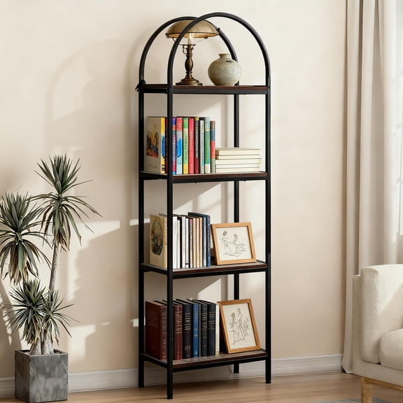 Arched Bookshelf 4 Tier, 72 Inch Tall Display Rack, Modern Wood Storage Shelf with Metal Frame, Narrow Bookcase for CDs & Decor, Large Bookshelf for Bedroom Living Room