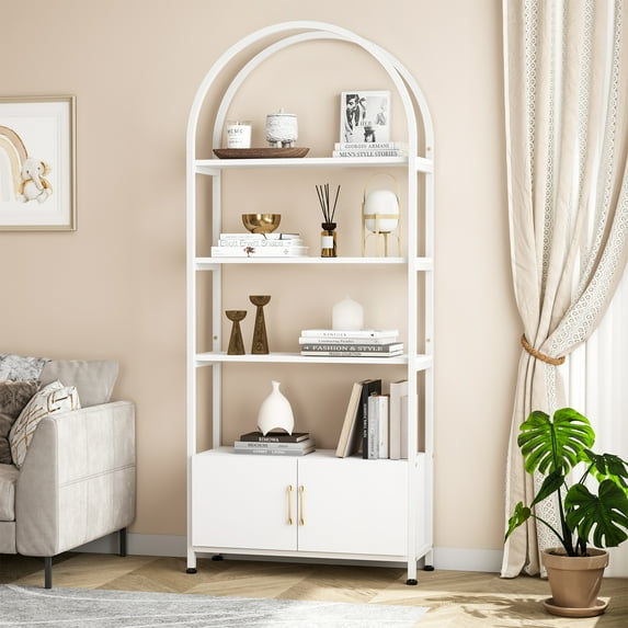 Arched Bookshelf, 4-Tier Bookcase with Doors Storage, 71.5 "H Industrial Book Shelf with Sturdy Metal Frame and Quality Boards, Freestanding Display Shelving for Living Room Easy Assembly