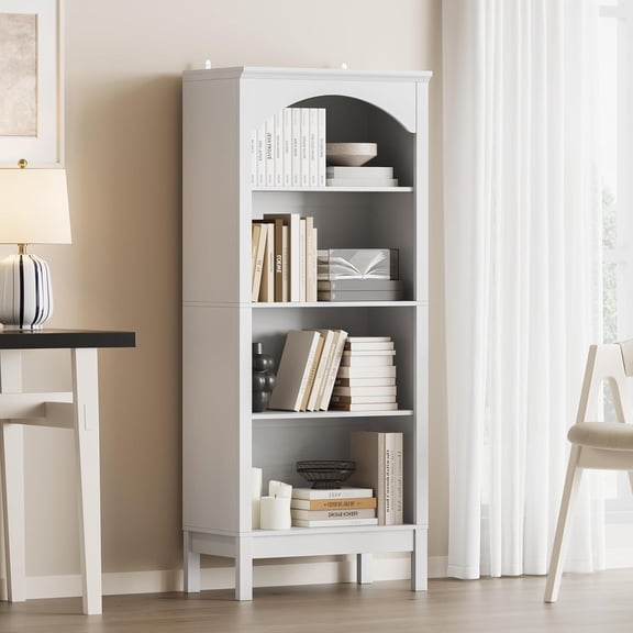 Arched Bookshelf with 4 Tier Open Shelves, 56" Tall Wood Bookcase with Adjustable Shelves, 24" Wide Floor Standing Display Storage Shelf for Home Office, Kitchen, Study and Living Room, Modern Black