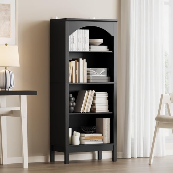 Arched Bookshelf with 4 Tier Open Shelves, 56" Tall Wood Bookcase with Adjustable Shelves, 24" Wide Floor Standing Display Storage Shelf for Home Office, Kitchen, Study and Living Room, Modern Black