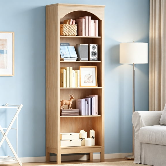 Arched Bookshelf with 5 Tier Open Shelves, 71" Tall Wood Bookcase with Adjustable Shelves, 24" Wide Floor Standing Display Storage Shelf for Home Office Kitchen Study and Living Room, Natural Oak