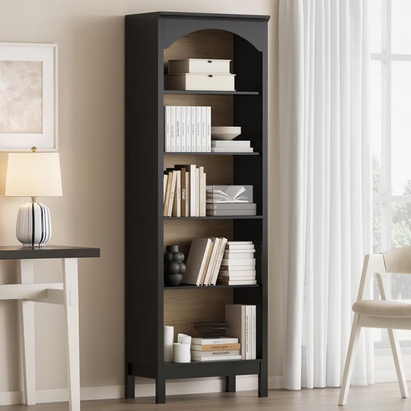 Arched Bookshelf with 5 Tier Open Shelves, 71" Tall Wood Bookcase with Adjustable Shelves, 24" Wide Floor Standing Display Storage Shelf for Home Office, Kitchen, Study and Living Room, Modern Black