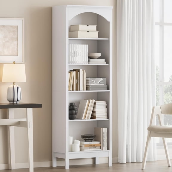 Arched Bookshelf with 5 Tier Open Shelves, 71" Tall Wood Bookcase with Adjustable Shelves, 24" Wide Floor Standing Display Storage Shelf for Home Office, Kitchen, Study and Living Room, Modern White