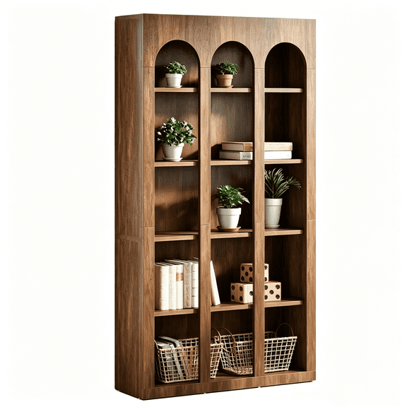 Arched Bookshelf, 70.87 Farmhouse Bookcase, Vintage Wood Grain Tall Shelves, Freestanding Display Shelf for Living Room, Bedroom, Home Office