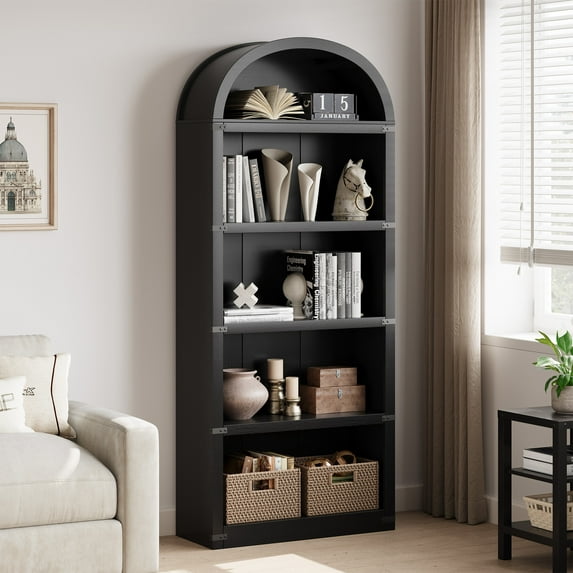 Arched Bookshelf, 70.9" Tall Arch Bookcase with Storage, 5-Tier Farmhouse Book Shelf, Modern Arched Cabinet, Wooden Bookshelf with Open Display Shelves for Living Room, Office