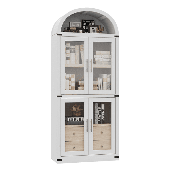 Arched Bookshelf, 71.7 Inch Tall Arched Cabinet, 4 Glass Door Freestanding Bookcase with 2 Drawer, Wood Arched Display Cabinet with Anti-Tipping Device for Living Room, Bedroom, Black