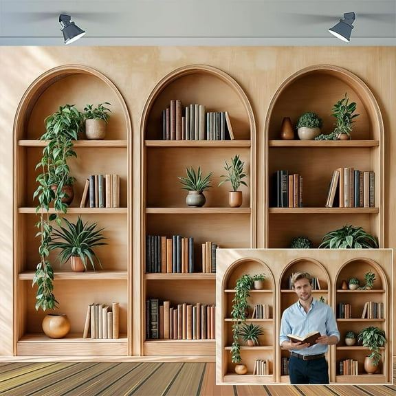 Arched Bookshelf Backdrop Modern Library Books Office Plants Video Conference Photography Home Office Meetings Indoor Decorations Banner Photo Studio Props