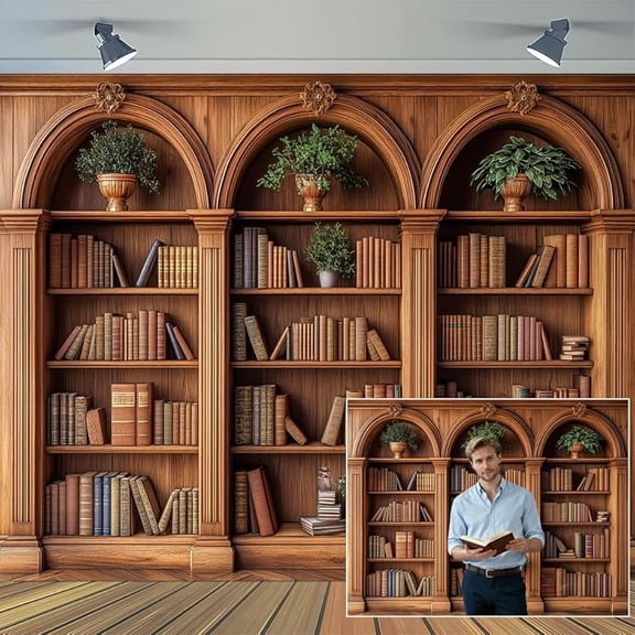 Arched Bookshelf Backdrop Modern Vintage Library Books Office Plants Video Conference Photography Home Office Meetings Indoor Decorations Banner Photo Studio Props