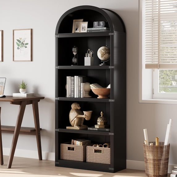 Arched Bookshelf Bookcase 5 Shelf Tall Bookcase Farmhouse Display Storage Rack Wooden Bookshelves for Home Office, Living Room