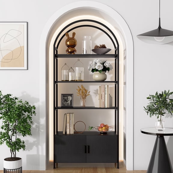 71" Arched Bookshelf with Doors - Industrial Black Bookcase, Sturdy Metal Frame & E1 Shelves, Freestanding Storage Unit for Living Room/Office