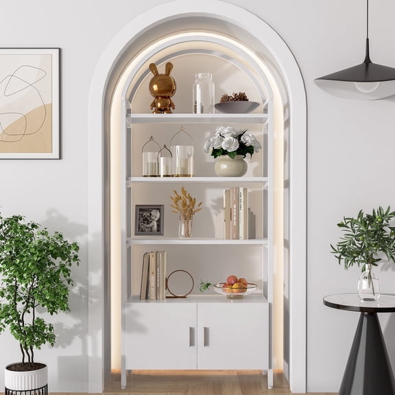 Spacesea Arched Bookshelf, Bookcase with Doors Storage, 71-Inch Sturdy Metal Frame, E1 Quality Boards