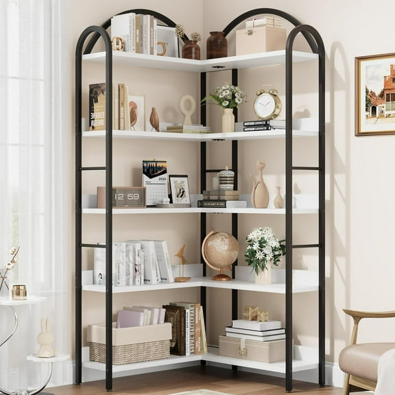 Arched Bookshelf Corner Bookcase, L Shaped Bookshelf Industrial Corner Bookshelves, Large Bookcase with Metal Frame, Corner Shelf Arch Display Rack for Living Room Bedroom