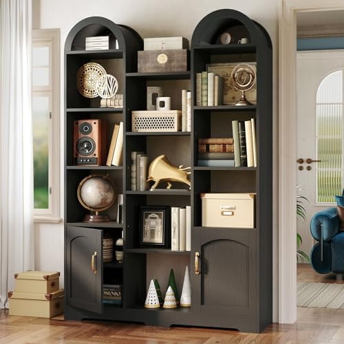 Arched Bookshelf with Doors, 70.9" Tall Storage Cabinet for Living Room, Large Wide Triple Column 5 Tier Wooden Bookcases and Bookshelves, Open Display Shelves, for Study, Home Office, Black