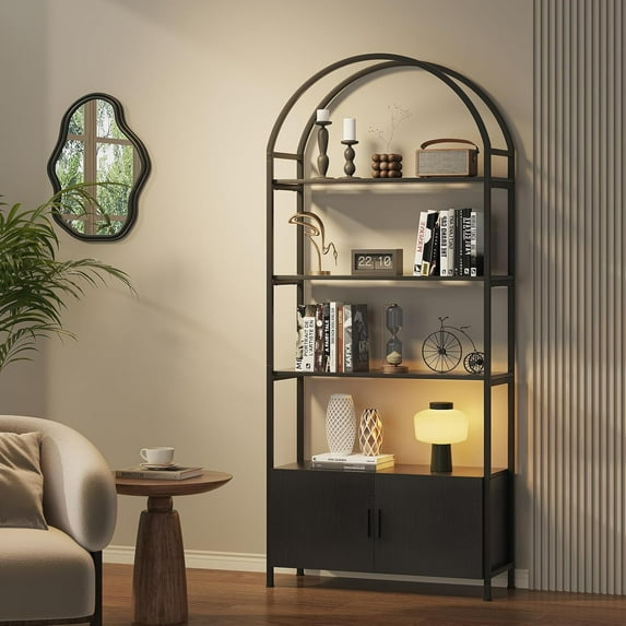 Arched Bookshelf with Doors, 71" Tall Industrial Bookcase with Sturdy Metal Frame, Vintage Display Shelving Unit, Black Geometric Book Shelf for Lving Room, Bedroom, Home Office