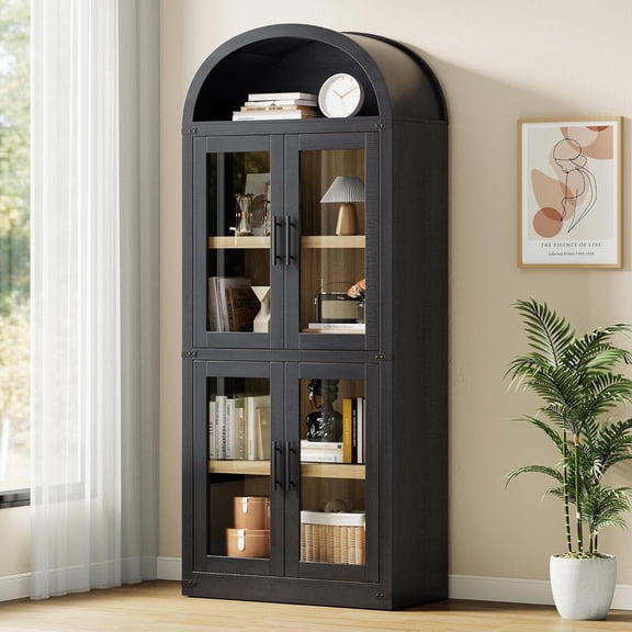 Arched Bookshelf with Doors Farmhouse Bookcase 15.83 in Depth Display Storage Shelves 71.4 in Tall Wooden Display Cabinet Rounded Bookcases for Living Room, Kitchen, Office (Black)