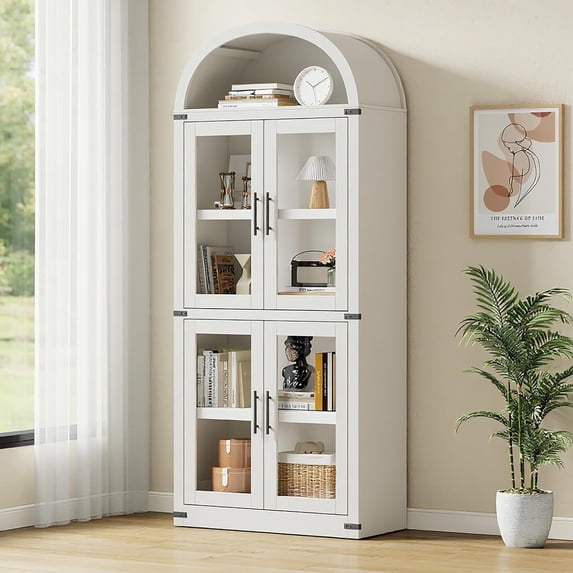Arched Bookshelf with Doors Farmhouse Bookcase 15.83in Depth Display Storage Shelves 71.4in Tall Wooden Display Cabinet Rounded Bookcases for Living Room, Kitchen, Office (White)