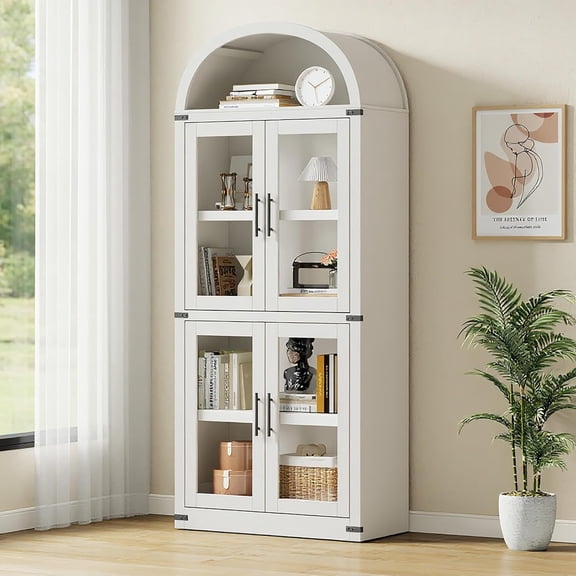Arched Bookshelf with Doors Farmhouse Bookcase 15.83in Depth Display Storage Shelves 71.4in Tall Wooden Display Cabinet Rounded Bookcases for Living Room, Kitchen, Office (White)