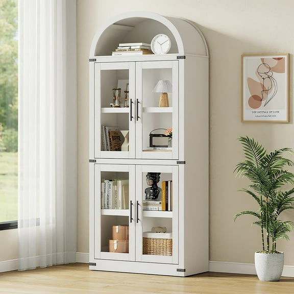 Arched Bookshelf with Doors Farmhouse Bookcase 15.83in Depth Display Storage Shelves 71.4in Tall Wooden Display Cabinet Rounded Bookcases for Living Room, Kitchen, Office (White)