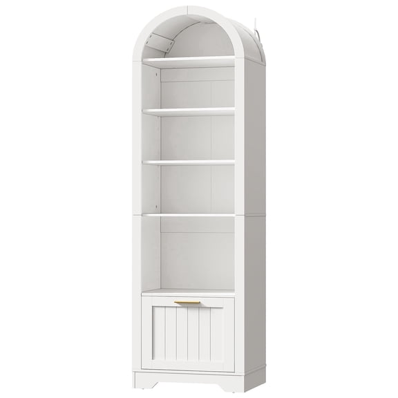 HOOBRO 6-Tier Arched Bookcase with File Drawer & Adjustable Shelves, White